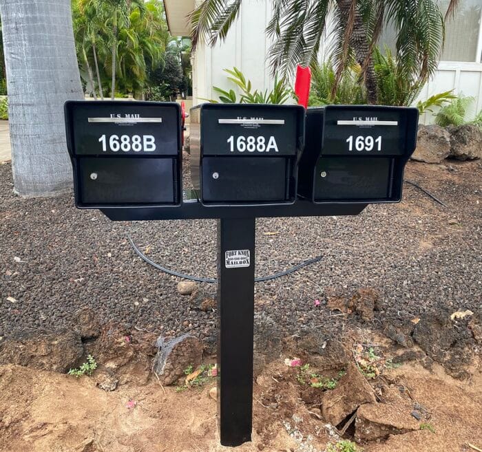3 black fortress mailboxes