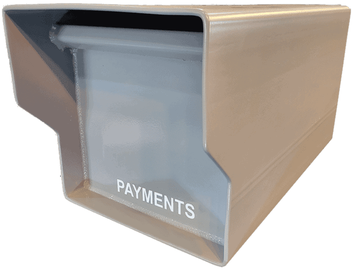 a gray metal locking payment box