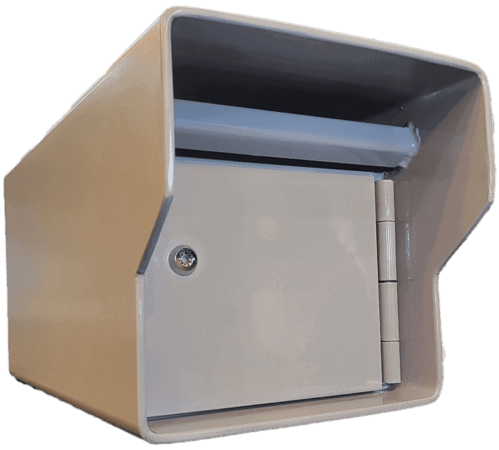 a gray metal payment box with a lock